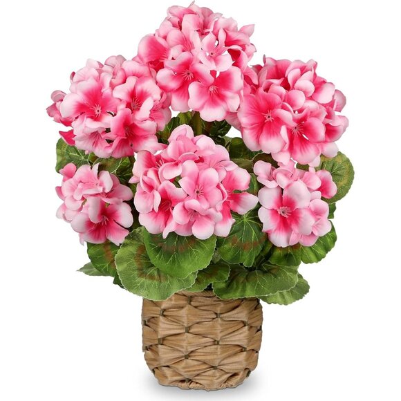 Artificial Flower Pink Basket Plant Potted Silk Realistic Lush Home Table Decor